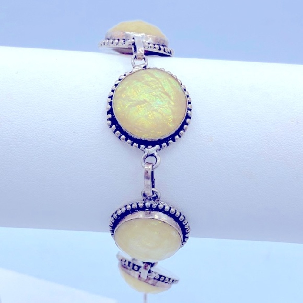 Artisan Made Sterling Silver Iridescent Clear/Pale Yellow Centers Link Bracelet